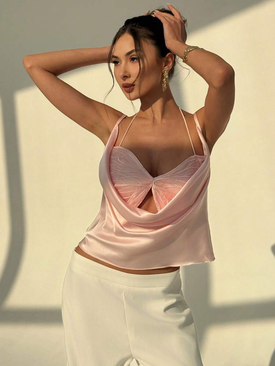 Aloruh 女士纯色褶皱领口宽松背心 - 粉色 - 查看 1