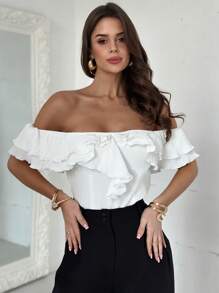 Firerie Blus Wanita Elegan, Halus, Romantis, Model Bahu Terbuka dengan Ruffle, Pas Badan, Cocok untuk Sehari-hari, Pernikahan, Pesta, Liburan, Musim Semi/Panas, Warna Aprikot - Aprikot - View 3