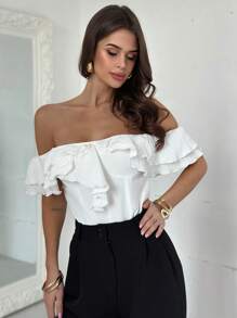 Firerie Blus Wanita Elegan, Halus, Romantis, Model Bahu Terbuka dengan Ruffle, Pas Badan, Cocok untuk Sehari-hari, Pernikahan, Pesta, Liburan, Musim Semi/Panas, Warna Aprikot - Aprikot - View 4