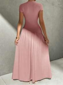 Firerie Elegant Everyday Wear Unconventional Solid Color Short Sleeve Slim Fit Standing Collar Asymmetric A-Line Waist Dress - Pink - View 2