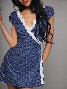 TRNVIE Neuer Frühlingsstil Vintage Französisch Damen V-Ausschnitt Spitzen Rüschen Polka Dot Muster Wickel Vorne Lässiges Straßen Mini Kleid