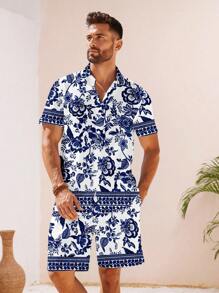 Manfinity RSRT 休闲时尚度假风格花卉、植物、动物全身数码印花配套男士短袖衬衫和短裤套装，适合夏季户外约会、派对、送给男朋友的礼物 - 藍色 - 查看 1