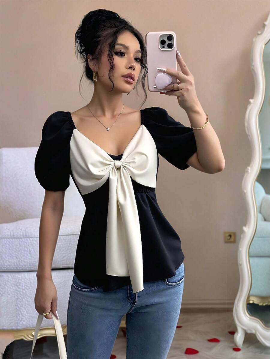 SHEIN Unity 女士优雅蝴蝶结泡泡短袖衬衫 - 彩色 - 查看 1