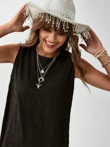 SHEIN LUNE Vestido smock unicolor bajo con fruncido - Negro - Ver 3