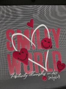 SmileyWorld® | SHEIN Bolso de mano grande con estampado de letras y corazones para mujer - Negro - Ver 5