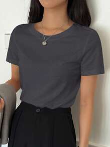 DAZY Solid Color Round Neck Short Sleeve T-Shirt - Dark Grey - View 6