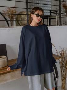 DAZY Split Hem Drop Shoulder Tee,Fall Clothes Long Sleeve Women Tops - Navy Blue - View 4