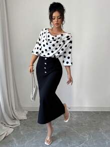 Modelyn Women's Polka Dot Print Ruffled Neck Cropped Sleeve Button-Up Bodycon Dress Set - Black - View 3