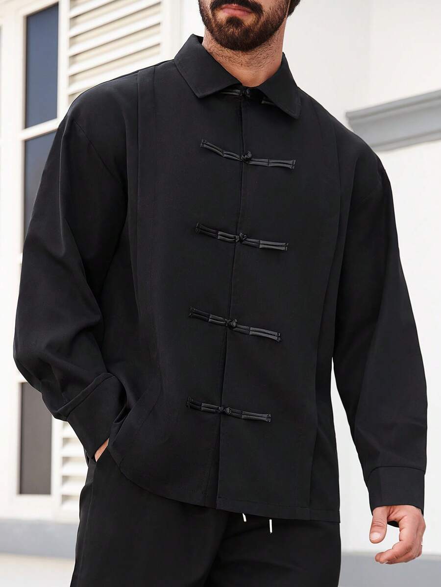 Manfinity Homme 大码男式纯色长袖休闲宽松纽扣衬衫