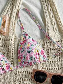 Swim Mod 2pcs Set Floral Lace Trim Sexy Lace-Up Women Swimwear Bikini Set - Multicolor - View 3