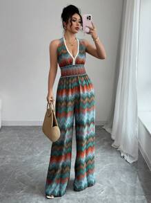 Elenzga V-Neck Halter Waist Elastic Drawstring Jumpsuit, Vacation Style