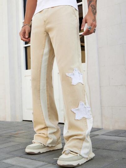 Street Life Men's Contrast Color Patchwork Star Embroidered Jeans, For Vacation