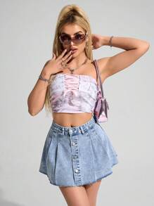 SHEIN PETITE Women Casual Denim Pleated Skirt - Light Wash - View 4