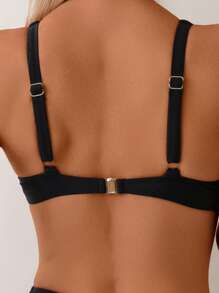 SHEIN Swim 女士两件套沙滩装，夏季新款 U 领带钢圈上衣和高腰比基尼泳裤 - 黑色 - 查看 7