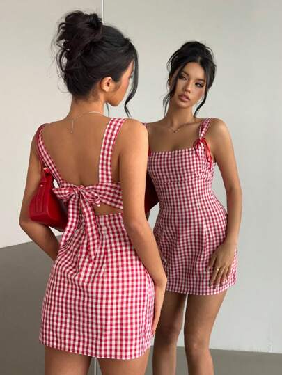 Aloruh Vestido camisero mini de cuadros rojos y blancos estilo Y2K para niñas jóvenes