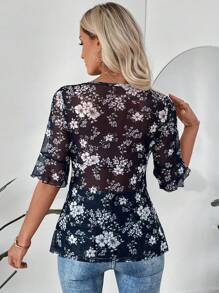 EMERY ROSE 女士花卉印花前系带短袖时尚旅行 T 恤 - 藏蓝色 - 查看 2