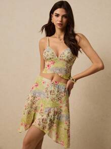 Poéselle 2pcs/Set Women Floral Print Sleeveless Top And Mini Skirt Sets, Vacation