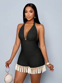 SOLERSUN 2025 Phụ nữ Xuân Hè Phong cách mới Đi làm Thanh lịch và gợi cảm Ngày lễ tình nhân Mùa cưới Tiệc Tiệc Lễ hội âm nhạc Bãi biển Kỳ nghỉ bên bờ biển Mát mẻ Lãng mạn Hẹn hò Cổ yếm Buộc dây eo Quần legging tua rua - màu đen - Xem 6