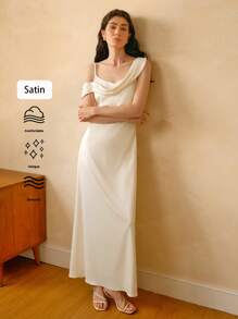 Chiquease 优雅婚礼季女士缎面细肩带修身连衣裙 - 米色 - 查看 5