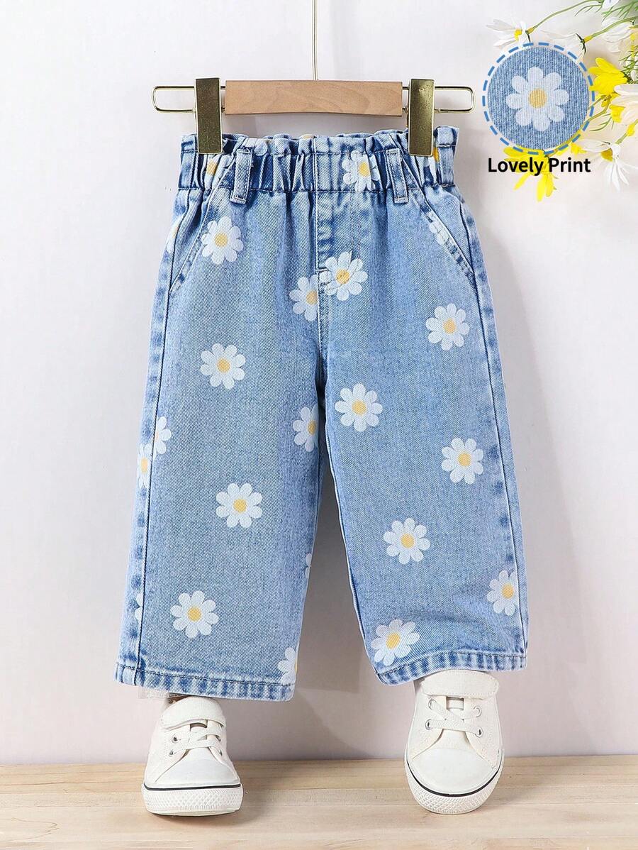 SHEIN Playful Pals Denimly Baby Girls' Casual Urban Light Wash Wide Leg Jeans With Floral Print, Pleated Waist & Elastic Waistband - Light Wash - View 1
