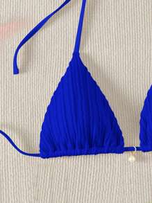SHEIN Swim 女士简约珍珠吊坠挂脖比基尼上衣 - 寶藍色 - 查看 3