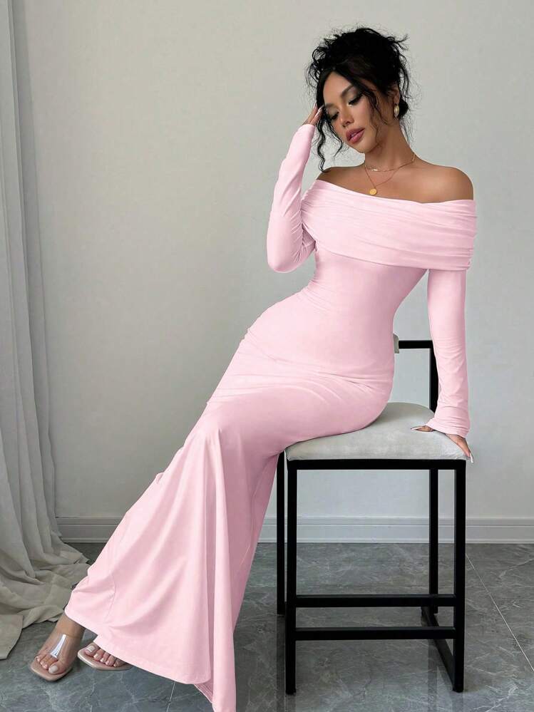 Rafferiza Petite Sexy Black Formal Elegant Fitted Long Sleeve Cinched Waist  Double-Layer Off Shoulder Twist Back Cut-Out Fishtail Hem Ribbed Knit Dress  For Women, Autumn/Winter Maxi Women Outfit | SHEIN USA