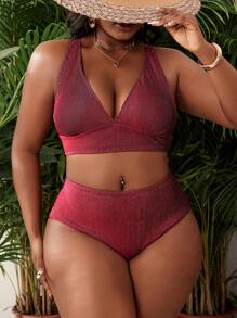 SHEIN Swim Curve Set de 2 piezas de traje de baño de tela especial con diseño de escote en V profundo, cordones a los lados y triángulo, elegante y casual para playa y resort, talla grande para mujer