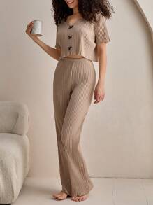 RueChic 2pcs Cotton Contrast Colour Ribbon&Bow Detail Shirt Sleeve Top And Lounge Bottom Homewear Set - Beige - View 4