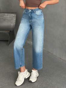 EURMUSE HIGH WAIST CROPPED STRAIGHT LEG JEAN - Medium Wash - View 3