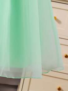 SHEIN Tween Girl Elegant Casual Versatile Puff Sleeve Midi Dress, Organza Floral Hem Decor, Suitable For Outings, Parties In Spring, Summer, Autumn, Girls' Luxury Attire, Princess Style, Wedding Season, Floral/Partial Decoration Design Young Girl Party Dress Young Girls Clothing Easter Dress - Green - View 6