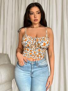 Firerie Áo ba lỗ hở vai họa tiết hoa nhỏ xinh dành cho nữ, trang phục nghỉ dưỡng thanh lịch - gừng - Xem 6