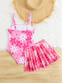 SHEIN Tween 女童鱼鳞印花连体泳衣（带网裙） - 彩色 - 查看 2