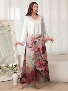 Al Najma Women's Elegant Floral Print Arabic Style Long Dress,Modest