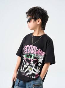 SHEIN Camiseta de manga corta informal con estampado de letras personalizado para niño preadolescente en primavera/verano