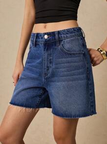 Poéselle Quần short denim rộng rãi, thoải mái, đa năng, quần jeans cạp trễ, trang phục mùa hè cho nữ - Rửa trung bình - Xem 6