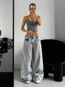 SHEIN ICON 女士日常百搭修身时尚牛仔吊带背心 - 淺色水洗藍 - 查看 5