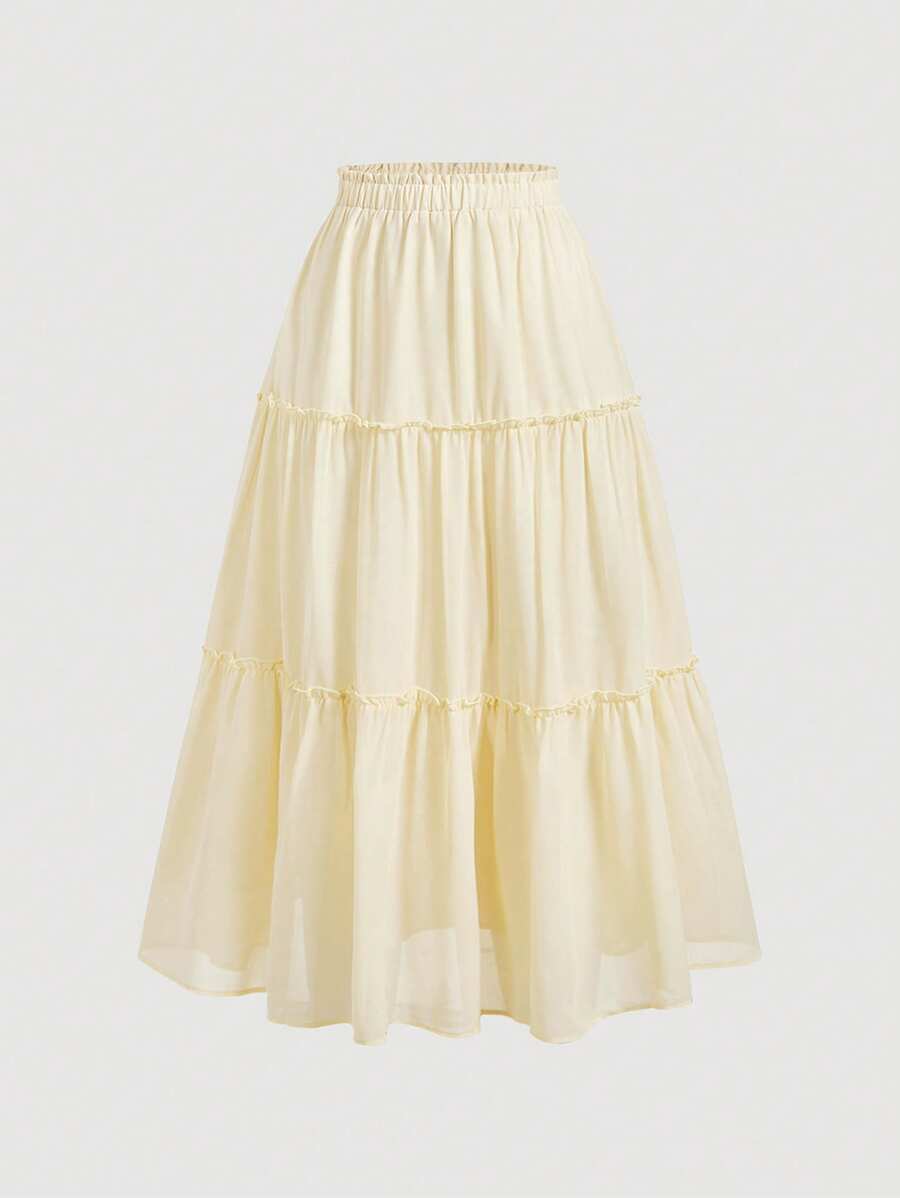 SHEIN MOD Ruffle Skirt Boho Long Skirt Break Paperbag Waist Frill Trim Ruffle Hem Skirt - Yellow - View 1