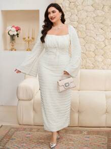 Modelyn Plus Size Women Square Neck Bell Sleeve Front Tie Waist Elegant Dress - White - View 3