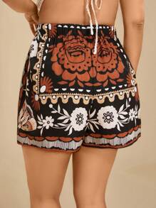 Travachic Plus Size Bohemian Style Casual Holiday Beach Shorts Pants With Tie Waist & Ruffle Trim For Women