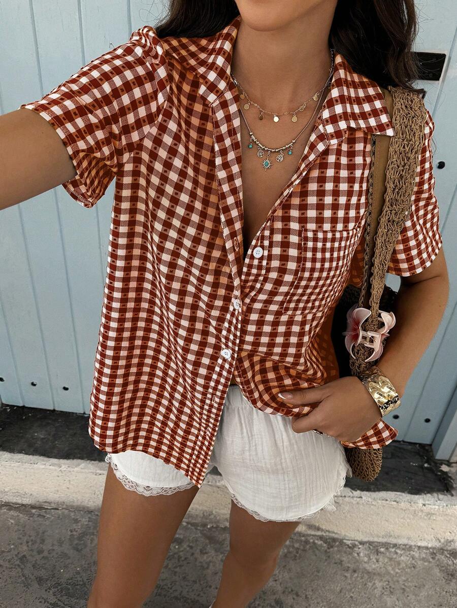 Flora Isola Flora Isola 时尚度假风女式格子单排扣短袖休闲衬衫 - 紅色 - 查看 1