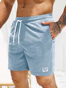 Manfinity Homme Pantalones cortos con cordón en la cintura, ajuste holgado, con detalles de letras aplicadas, para vacaciones en la playa, ropa para hombres