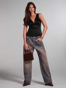 SHEIN BAE 女士性感蕾丝拼接缎面吊带背心，适合约会之夜、闺蜜聚会、生日派对、鸡尾酒会、情人节、夜店、节日派对等场合。 - 黑色 - 查看 5