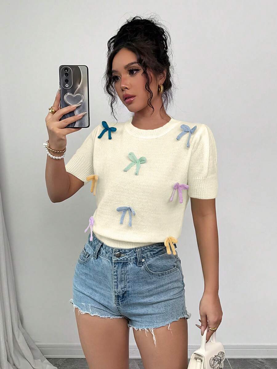 Chiquease 女士优雅可爱3D蝴蝶结圆领常规肩短袖套头毛衣 - 杏色 - 查看 1