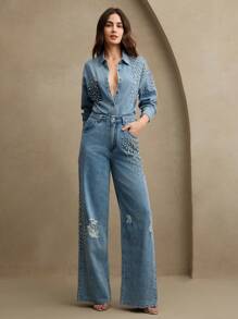 Anewsta Sparkling Party New Women's Valentine's Day/Mother's Day Heavily Embellished Diamond Denim Shirt, Blue - Blue - View 5