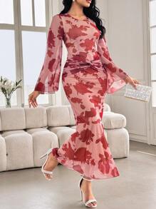 Modelyn Robe élégante femme col rond long à fleurs en maille, coupe ajustée évase en forme de sirène, romantique