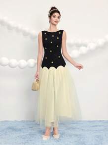 Poshira Women Knitted Button Back Hollow Out Patchwork Party Dress, Wedding Guest Dress, Prom Dress - Black - View 4