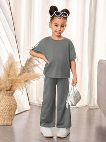 2pcs/Set Young Girl Plain Knit Round Neck Loose T-Shirt And Relaxed Fit Pants - Grey - View 4