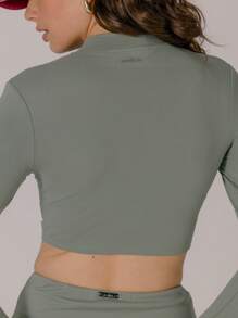 Aralina Minimalist Solid Color Front Zipper Fitted Cropped Athletic Jacket - Olive Green - View 3