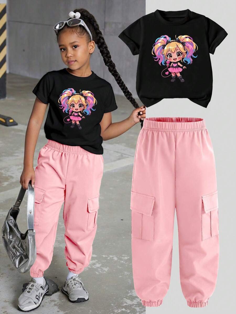 SHEIN Cartoon Character Print Round Neck Short Sleeve T-Shirt And Cargo Pants Casual Outfit For Young Girl - Multicolor - View 1