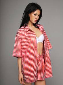 TRNVIE Camisa y pantalones cortos de vacaciones informales con estampado de cuadros rojos vintage